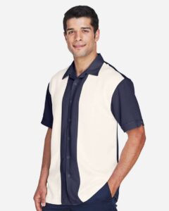 Harriton M575 Men’s Two-Tone Camp Shirt – Navy/ Cream (on model side)