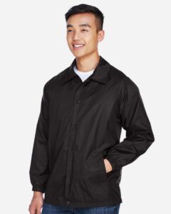 Harriton M775 Unisex Nylon Staff Jacket – Black (on model side)