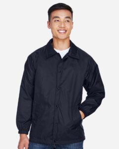 Harriton M775 Unisex Nylon Staff Jacket – Navy (on model)