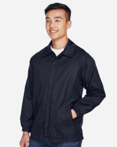 Harriton M775 Unisex Nylon Staff Jacket – Navy (on model side)