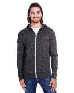 Threadfast Apparel 302Z Unisex Triblend Full-Zip Lightweight Hooded Sweatshirt – Black Triblend (on model)