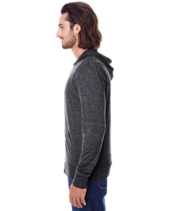 Threadfast Apparel 302Z Unisex Triblend Full-Zip Lightweight Hooded Sweatshirt – Black Triblend (on model side)