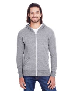 Threadfast Apparel 302Z Unisex Triblend Full-Zip Lightweight Hooded Sweatshirt – Grey Triblend (on model)