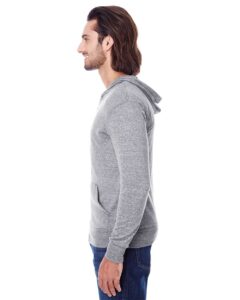 Threadfast Apparel 302Z Unisex Triblend Full-Zip Lightweight Hooded Sweatshirt – Grey Triblend (on model side)