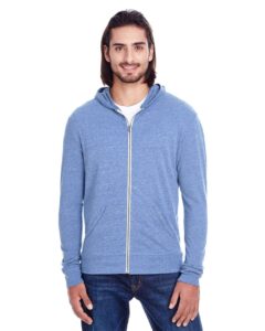 Threadfast Apparel 302Z Unisex Triblend Full-Zip Lightweight Hooded Sweatshirt – Navy Triblend (on model)