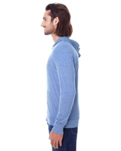 Threadfast Apparel 302Z Unisex Triblend Full-Zip Lightweight Hooded Sweatshirt – Navy Triblend (on model side)