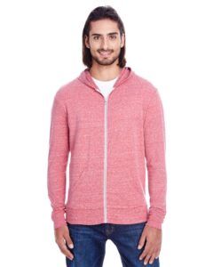 Threadfast Apparel 302Z Unisex Triblend Full-Zip Lightweight Hooded Sweatshirt – Red (on model)