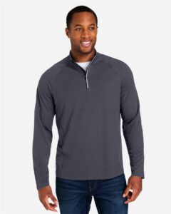 CORE365 CE418 Men’s Origin Performance Pique Quarter-Zip Pullover – Carbon/ Black (on model)