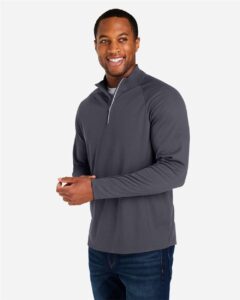 CORE365 CE418 Men’s Origin Performance Pique Quarter-Zip Pullover – Carbon/ Black (on model side)