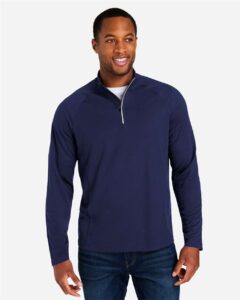 CORE365 CE418 Men’s Origin Performance Pique Quarter-Zip Pullover – Classic Navy Heather/ Carbon (on model)