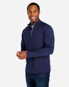 CORE365 CE418 Men’s Origin Performance Pique Quarter-Zip Pullover – Classic Navy Heather/ Carbon (on model side)