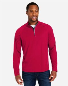 CORE365 CE418 Men’s Origin Performance Pique Quarter-Zip Pullover – Classic Red/ Carbon (on model)
