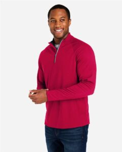 CORE365 CE418 Men’s Origin Performance Pique Quarter-Zip Pullover – Classic Red/ Carbon (on model side)