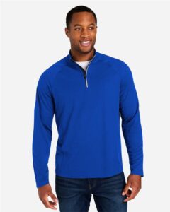 CORE365 CE418 Men’s Origin Performance Pique Quarter-Zip Pullover – True Royal/ Carbon (on model)