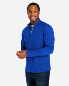 CORE365 CE418 Men’s Origin Performance Pique Quarter-Zip Pullover – True Royal/ Carbon (on model side)
