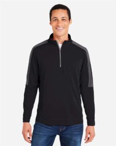 CORE365 CE404 Men’s Market Snag Protect Mesh Colorblock Quarter-Zip Pullover – Black/ Carbon (on model)