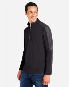 CORE365 CE404 Men’s Market Snag Protect Mesh Colorblock Quarter-Zip Pullover – Black/ Carbon (on model side)