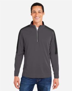 CORE365 CE404 Men’s Market Snag Protect Mesh Colorblock Quarter-Zip Pullover – Carbon/ Black (on model)