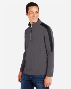 CORE365 CE404 Men’s Market Snag Protect Mesh Colorblock Quarter-Zip Pullover – Carbon/ Black (on model side)