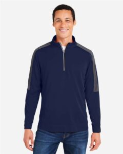 CORE365 CE404 Men’s Market Snag Protect Mesh Colorblock Quarter-Zip Pullover – Classic Navy Heather/ Carbon (on model)