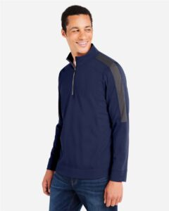 CORE365 CE404 Men’s Market Snag Protect Mesh Colorblock Quarter-Zip Pullover – Classic Navy Heather/ Carbon (on model side)