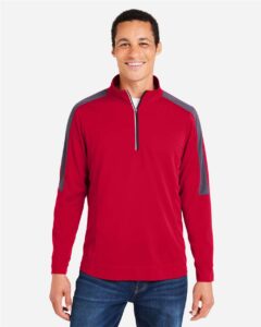CORE365 CE404 Men’s Market Snag Protect Mesh Colorblock Quarter-Zip Pullover – Classic Red/ Carbon (on model)