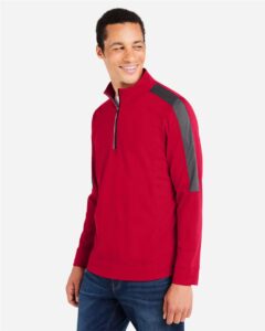 CORE365 CE404 Men’s Market Snag Protect Mesh Colorblock Quarter-Zip Pullover – Classic Red/ Carbon (on model side)
