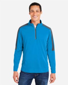 CORE365 CE404 Men’s Market Snag Protect Mesh Colorblock Quarter-Zip Pullover – Electric Blue/ Carbon (on model)