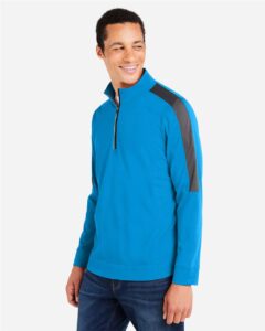 CORE365 CE404 Men’s Market Snag Protect Mesh Colorblock Quarter-Zip Pullover – Electric Blue/ Carbon (on model side)
