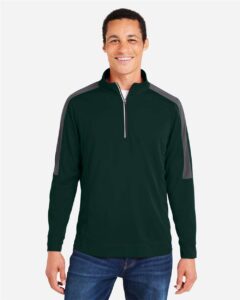 CORE365 CE404 Men’s Market Snag Protect Mesh Colorblock Quarter-Zip Pullover – Forest/ Carbon (on model)