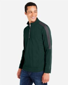 CORE365 CE404 Men’s Market Snag Protect Mesh Colorblock Quarter-Zip Pullover – Forest/ Carbon (on model side)