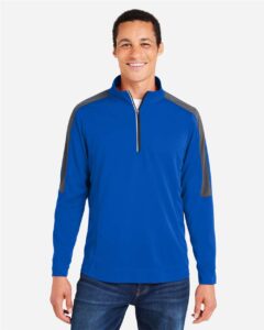 CORE365 CE404 Men’s Market Snag Protect Mesh Colorblock Quarter-Zip Pullover – True Royal/ Carbon (on model)