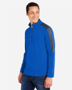 CORE365 CE404 Men’s Market Snag Protect Mesh Colorblock Quarter-Zip Pullover – True Royal/ Carbon (on model side)