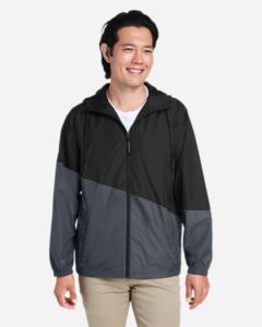 CORE365 CE710 Unisex Techno Lite Colorblock Windbreaker – Black/ Carbon (on model)
