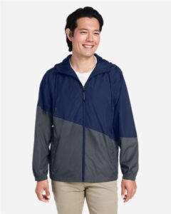 CORE365 CE710 Unisex Techno Lite Colorblock Windbreaker – Classic Navy Heather/ Carbon (on model)