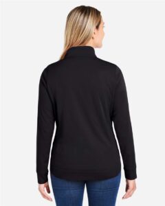CORE365 CE404W Women’s Market Snag Protect Mesh Colorblock Quarter-Zip Pullover – Black/ Carbon (on model back)