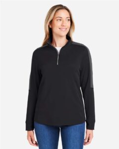 CORE365 CE404W Women’s Market Snag Protect Mesh Colorblock Quarter-Zip Pullover – Black/ Carbon (on model)