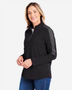 CORE365 CE404W Women’s Market Snag Protect Mesh Colorblock Quarter-Zip Pullover – Black/ Carbon (on model side)