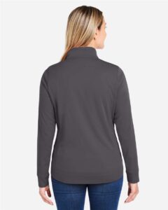 CORE365 CE404W Women’s Market Snag Protect Mesh Colorblock Quarter-Zip Pullover – Carbon/ Black (on model back)