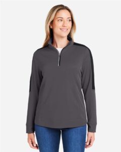 CORE365 CE404W Women’s Market Snag Protect Mesh Colorblock Quarter-Zip Pullover – Carbon/ Black (on model)