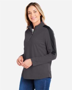 CORE365 CE404W Women’s Market Snag Protect Mesh Colorblock Quarter-Zip Pullover – Carbon/ Black (on model side)