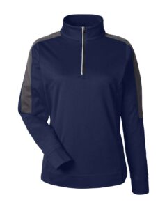 CORE365 CE404W Women’s Market Snag Protect Mesh Colorblock Quarter-Zip Pullover – Classic Navy Heather/ Carbon