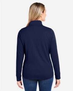 CORE365 CE404W Women’s Market Snag Protect Mesh Colorblock Quarter-Zip Pullover – Classic Navy Heather/ Carbon (on model back)