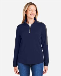 CORE365 CE404W Women’s Market Snag Protect Mesh Colorblock Quarter-Zip Pullover – Classic Navy Heather/ Carbon (on model)