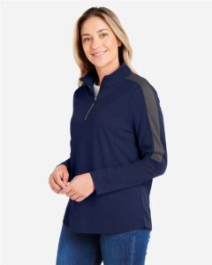 CORE365 CE404W Women’s Market Snag Protect Mesh Colorblock Quarter-Zip Pullover – Classic Navy Heather/ Carbon (on model side)