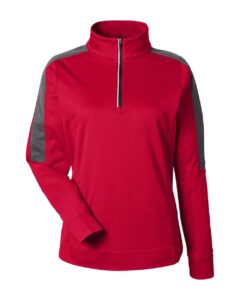 CORE365 CE404W Women’s Market Snag Protect Mesh Colorblock Quarter-Zip Pullover – Classic Red/ Carbon