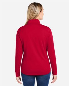 CORE365 CE404W Women’s Market Snag Protect Mesh Colorblock Quarter-Zip Pullover – Classic Red/ Carbon (on model back)