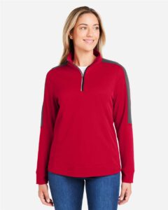 CORE365 CE404W Women’s Market Snag Protect Mesh Colorblock Quarter-Zip Pullover – Classic Red/ Carbon (on model)