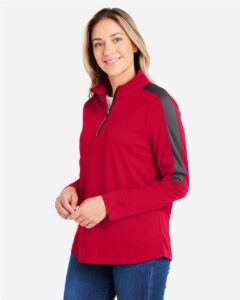 CORE365 CE404W Women’s Market Snag Protect Mesh Colorblock Quarter-Zip Pullover – Classic Red/ Carbon (on model side)