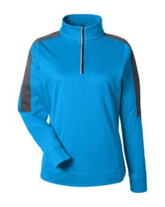 CORE365 CE404W Women’s Market Snag Protect Mesh Colorblock Quarter-Zip Pullover – Electric Blue/ Carbon